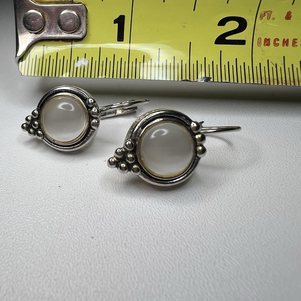 Vtg Silver White Mother of Pearl Earrings Bezel-Set Beaded Accents